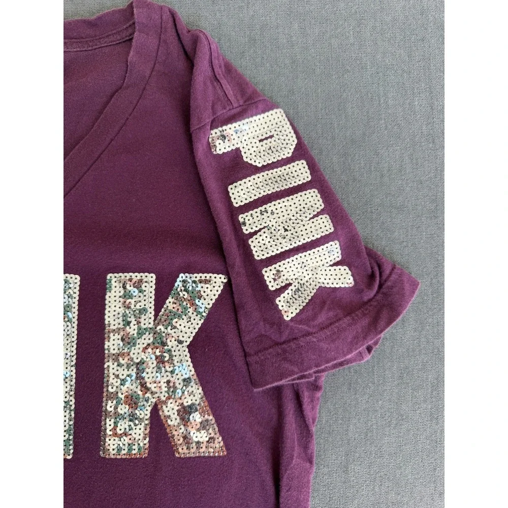 PINK Sequin Logo V Neck Tee Womens XS Burgundy Y2K Athleisure Lounge Sporty - Picture 3 of 8